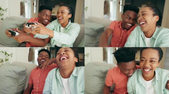 视频游戏，大笑和按压控制器。一对年轻快乐的黑人夫妇坐在家里的沙发上玩耍，玩得很开心。一个微笑的男人和