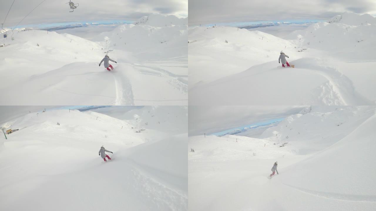 慢动作: 在完美的冬日，无法识别的滑雪者从滑雪道上骑行。