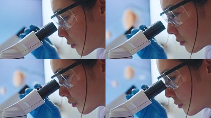 实验室科学家在显微镜上观察