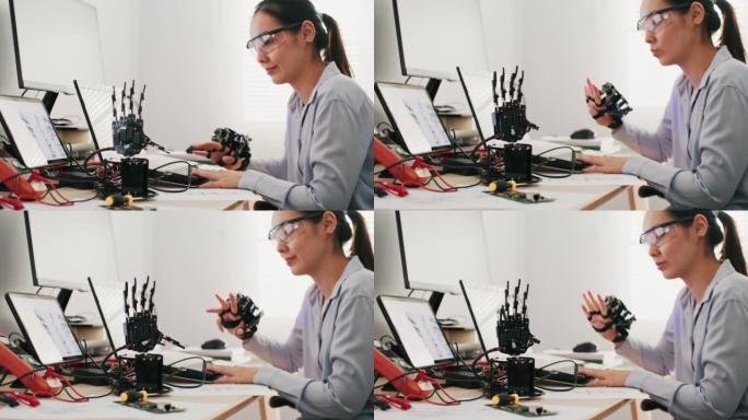 研究实验室中开发工程师的未来派假肢机器人手臂