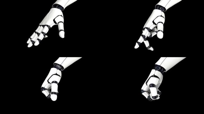 人工智能。安卓机器人的手握紧拳头。摄像机飞来飞去。在黑色背景上。3D动画。