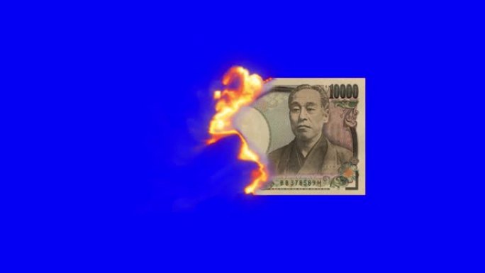一万日元钞票在蓝屏上燃烧，色键动画，日本钞票在火焰中消失。金融危机，灾难，损失，衰退，失败，金融，税