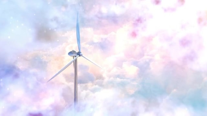 奇妙天空的厚厚的云层中的风力涡轮机。