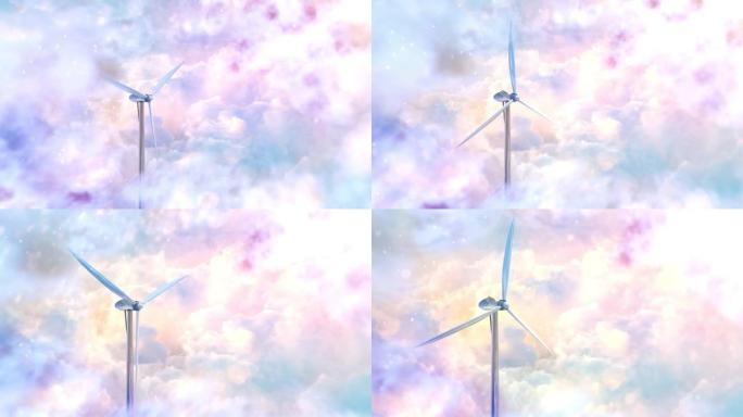 奇妙天空的厚厚的云层中的风力涡轮机。