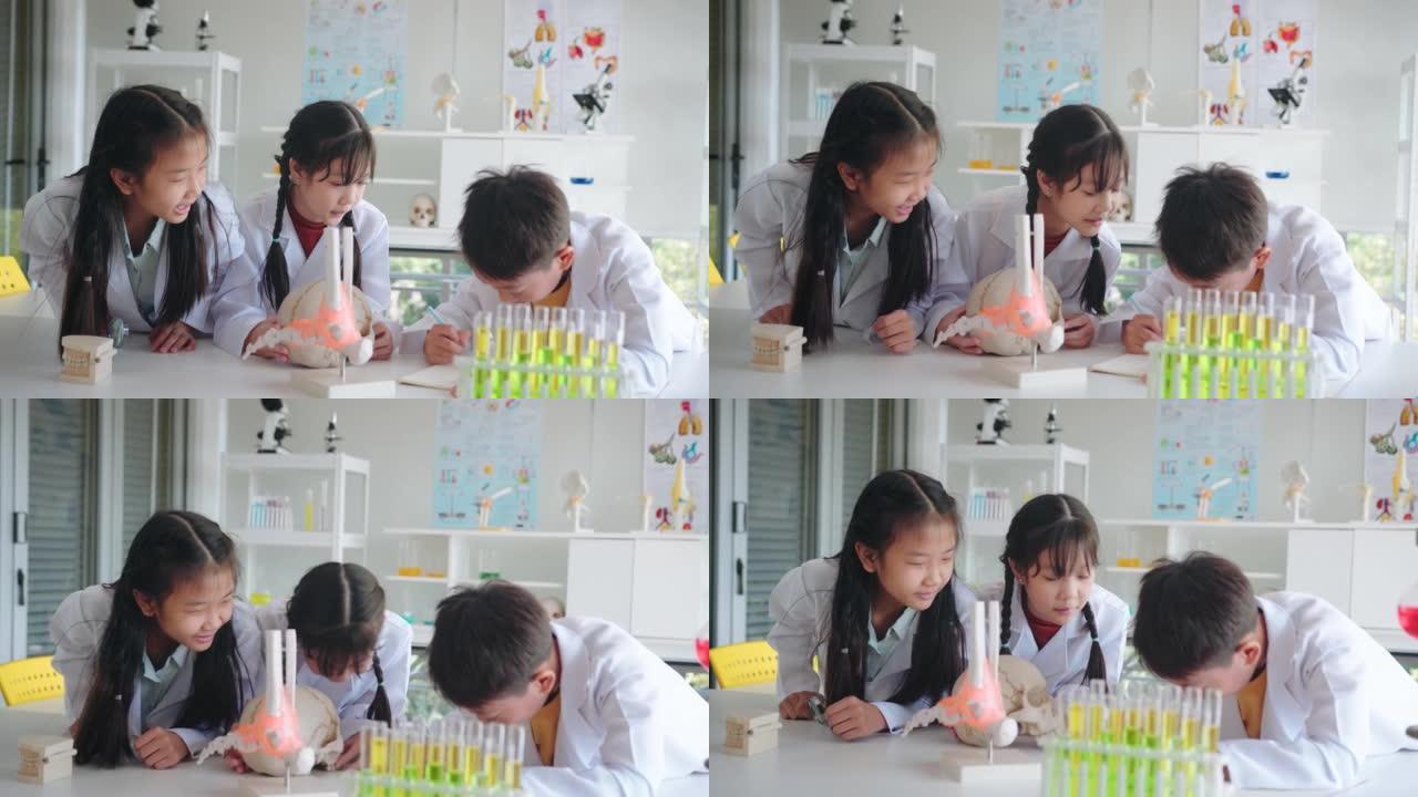 两个小学生女孩看起来像个男孩，请注意笔记本上的实验。