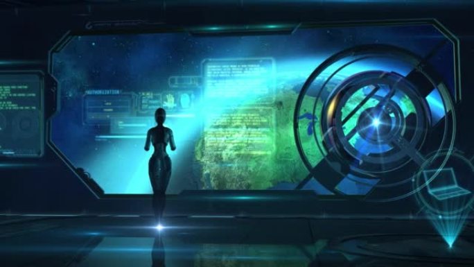 安卓在绕地球飞行的宇宙飞船中，3D渲染。