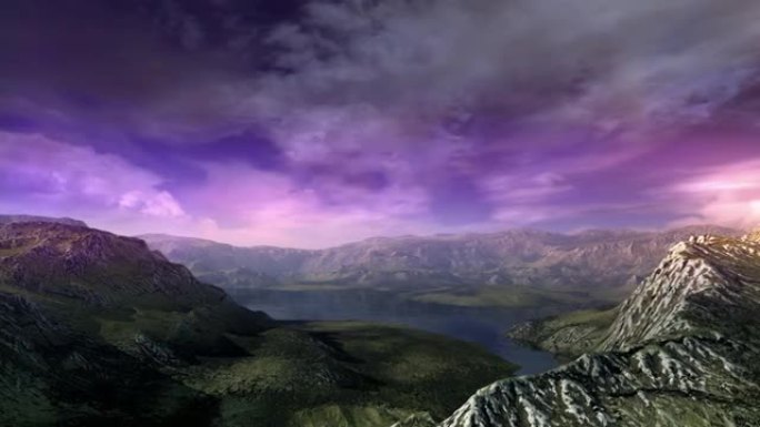具有梦幻般的紫色天空的景观的3D模型。