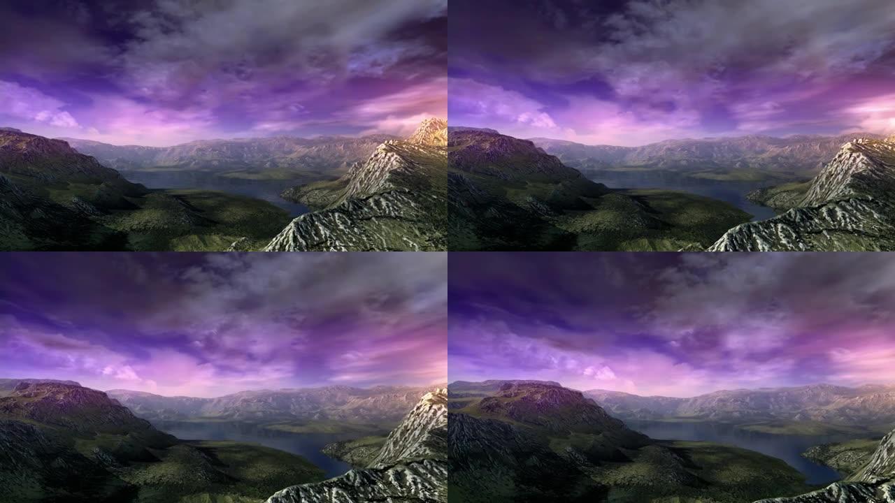具有梦幻般的紫色天空的景观的3D模型。