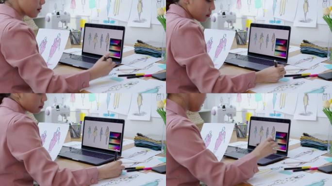亚洲时装设计师素描画数码笔记本裁缝业务。