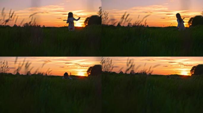 带着花束的SLO MO小女孩在日落时在高草丛中玩耍