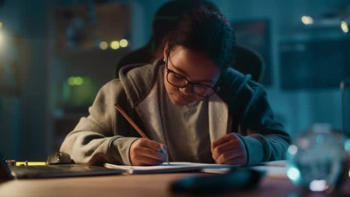 年轻的多种族黑人女孩在家里黑暗舒适的房间里用笔记本电脑用铅笔在笔记本上写下作业。她正在网上浏览教育学