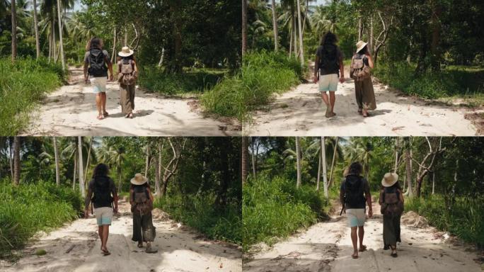自然漫步中的游客夫妻原始森林旅游