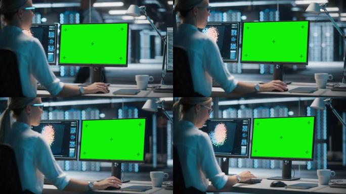 高科技数据中心服务器: 在绿屏色度关键计算机上工作的女性IT专家。监控网络服务、云计算、分析设施、维