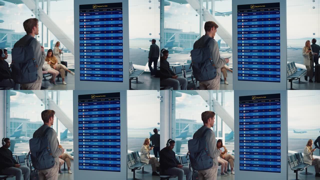 机场航站楼: 年轻人看着到达和离开信息显示，寻找他的航班。背景: 不同的人群在航空枢纽的登机休息室等