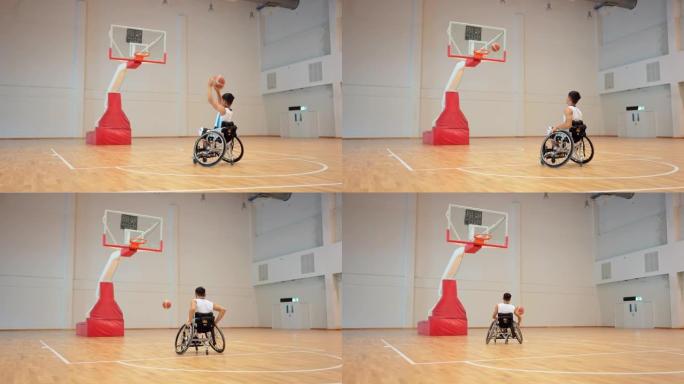 轮椅篮球运动员打篮球。