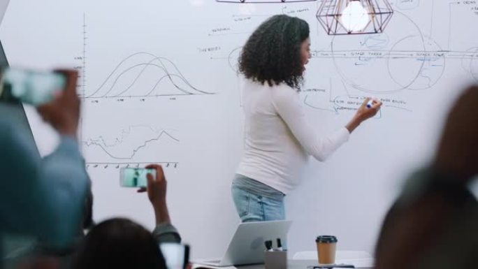 黑人女性，白板演示和营销团队领导kpi数据增长，反馈审查或销售策略。怀孕经理、导师和规划想法、图表和
