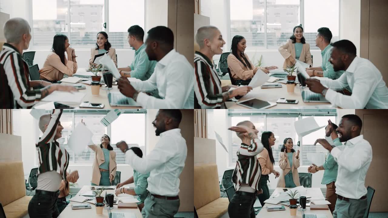 在办公室的一次会议上，一群不同的商人庆祝成功的4k视频片段