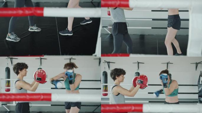 在健身房练习拳击运动的年轻女运动员训练