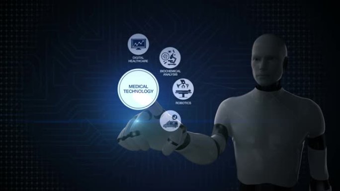 机器人，机器人触摸 “医疗技术” 和各种未来医疗技术图标，4k动画。3。