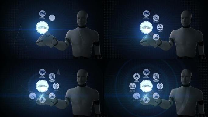 机器人，机器人触摸 “医疗技术” 和各种未来医疗技术图标，4k动画。3。