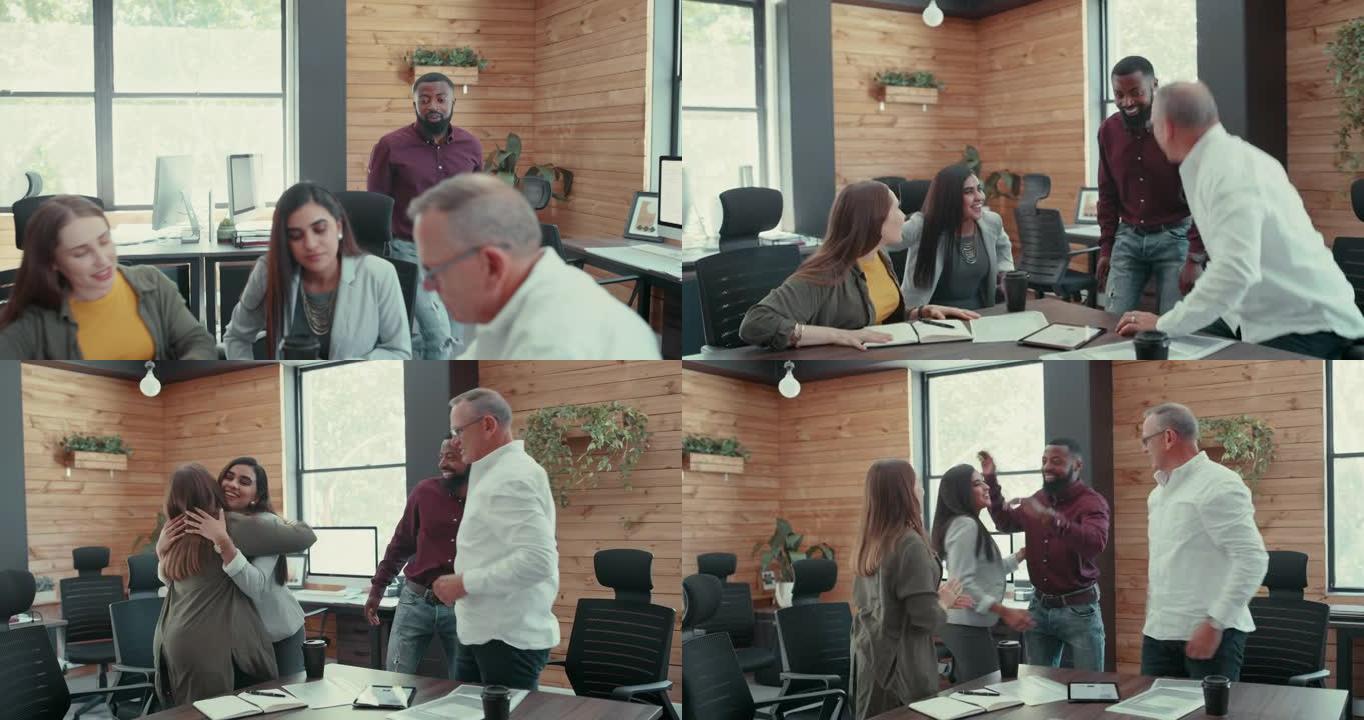 在一次成功的商务会议上，一群同事击掌的4k视频片段