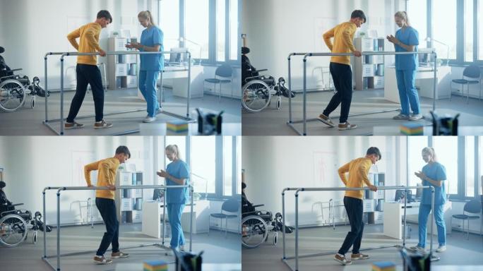 医院理疗室: 身体强壮的受伤病人走路为双杠，物理治疗师鼓励协助，帮助残疾人做康复理疗。慢动作