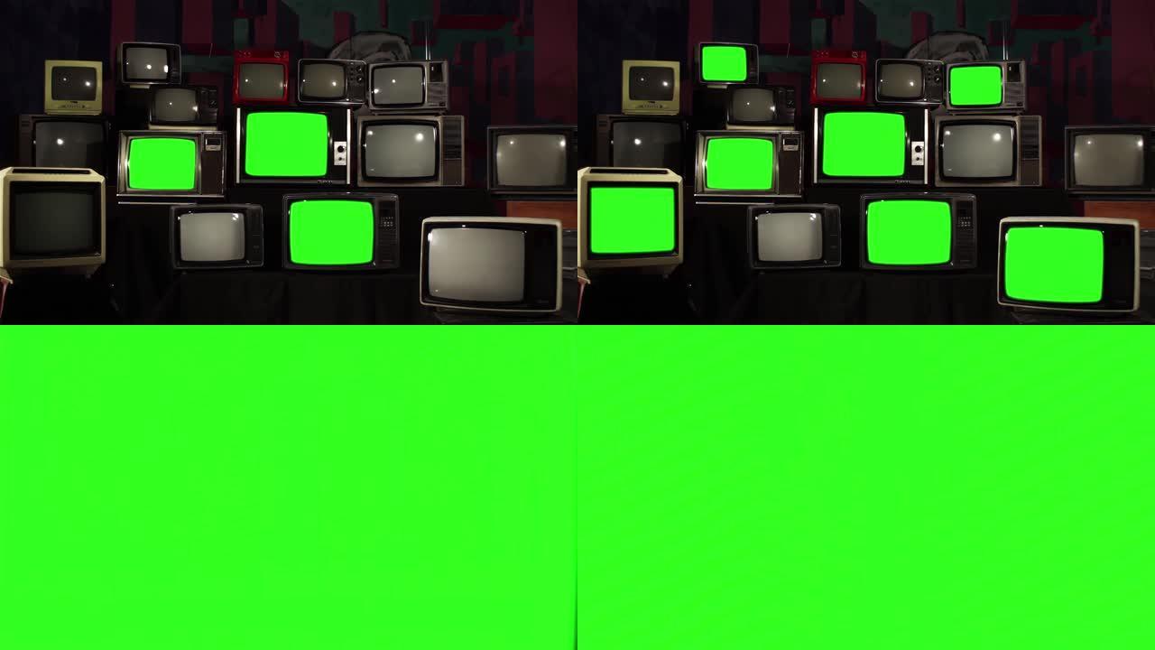 复古电视堆栈打开绿色屏幕，放大剪辑的末尾。4k分辨率。