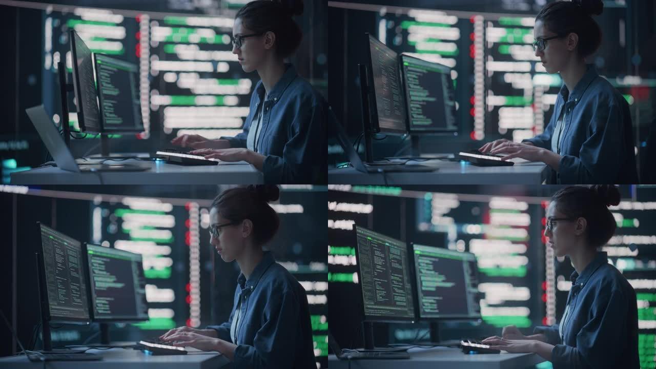 一名女性担任开发人员的中景照片，周围是大屏幕，显示监控室中的代码行。女程序员使用台式计算机，分析数据