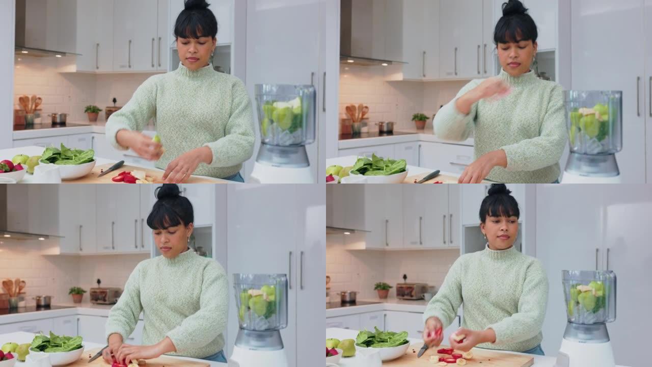 健康的冰沙，纯素食饮食和混合水果的女人，在家里的厨房里喝排毒饮料。年轻营养师女性果汁奶昔减肥，蛋白质