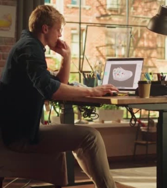 金发碧眼的男性艺术家在笔记本电脑前思考屏幕上的3D运动鞋模型，并在他的阁楼公寓中检查定制的鞋子。鞋类