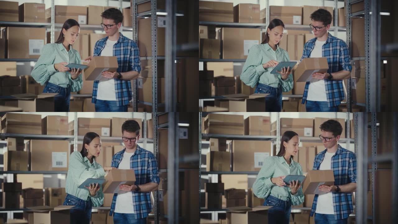 小企业主和员工用平板电脑在装满货架的零售仓库中检查库存和库存。在物流、网店配送中心工作。