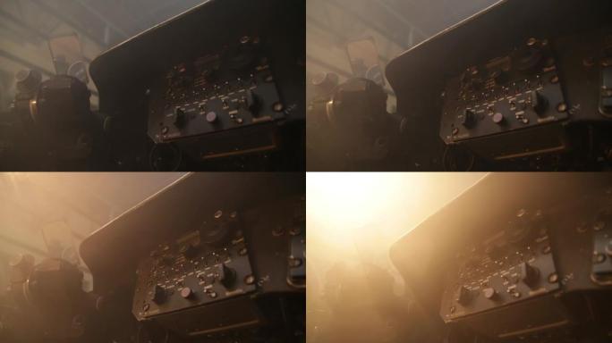 日落时旧飞机驾驶舱的内部。