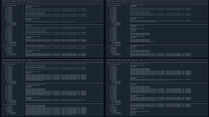 软件后端模型与软件加载屏幕动画。具有多个窗口的暗项目监控界面。计算机显示器和笔记本电脑屏幕的模板。