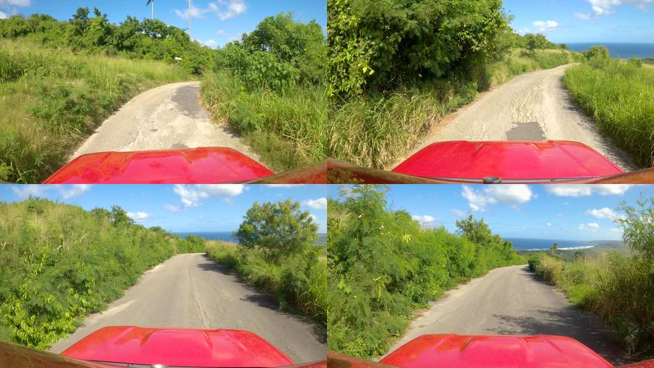 POV: 风景如画的照片，在穿越巴巴多斯时拍摄了茂密的异国情调的植被