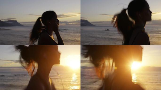 一名女子在海边慢跑的4k录像
