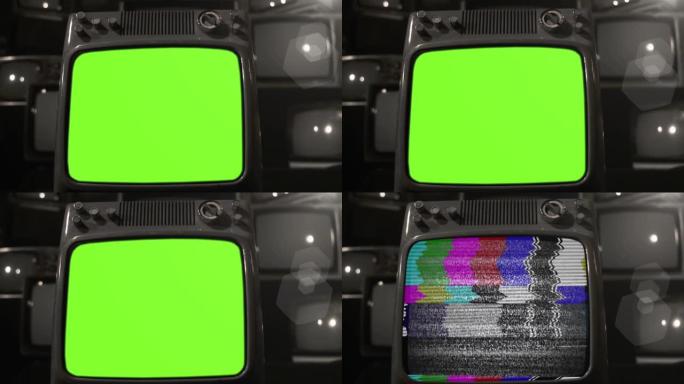 老式电视机关闭绿屏。黑白色调。放大。4k分辨率。