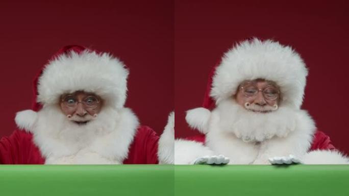 圣诞老人从色度键后面出现在框架中，微笑着抚摸它，然后竖起大拇指，躲在后面
