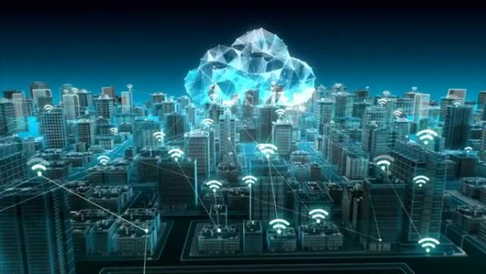 智慧城市上的各种智能传感器图标，连接云计算技术。蓝色x射线鸟瞰图。4k动画。