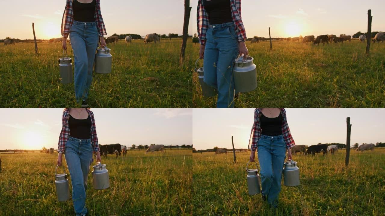 SLO MO女人在黄昏的牧场中携带两个牛奶罐