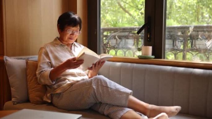 老年女性在家看书女人坐在沙发上靠窗看书读