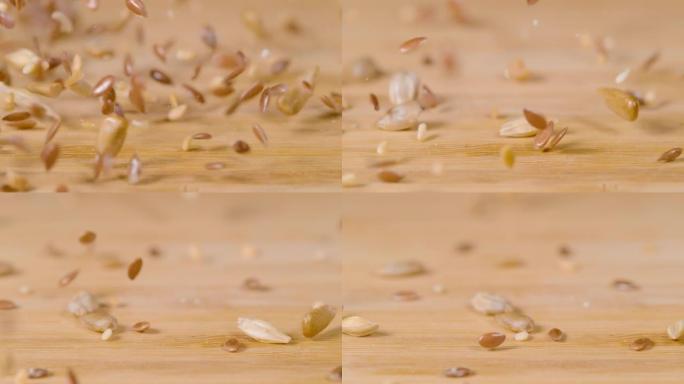 宏观: 微小谷物种子在厨房台面上弹跳的详细视图