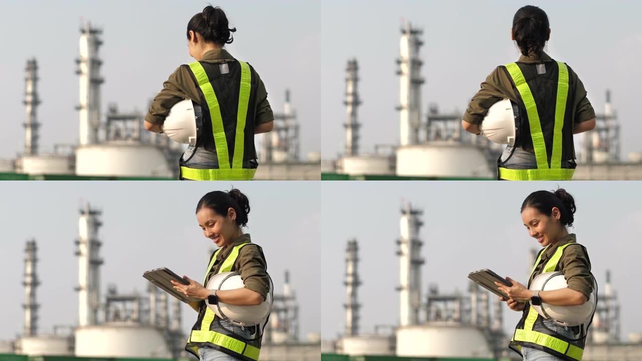 在石油行业中使用数字平板电脑的安全帽女工程师