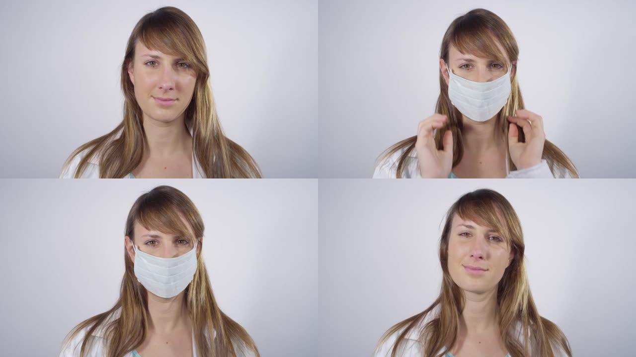 特写: 内容女医生在冠状病毒爆发期间戴上口罩。