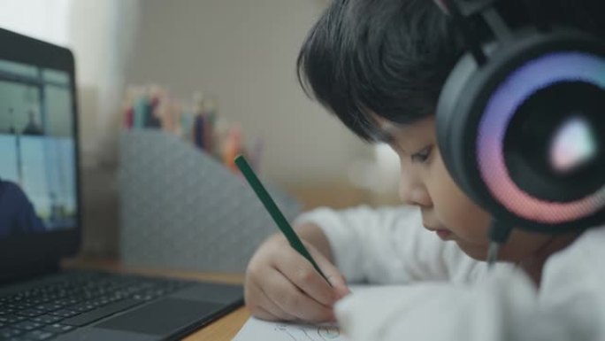 儿童男孩在家与带笔记本电脑的老师进行电子学习