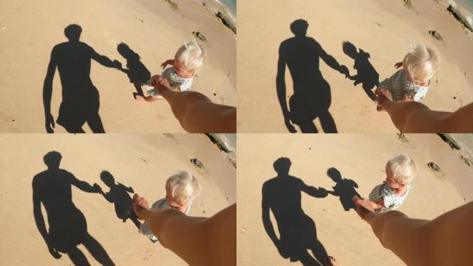 在阳光明媚的夏日，POV父亲与可爱的婴儿蹒跚学步的女儿在热带海滩上牵手
