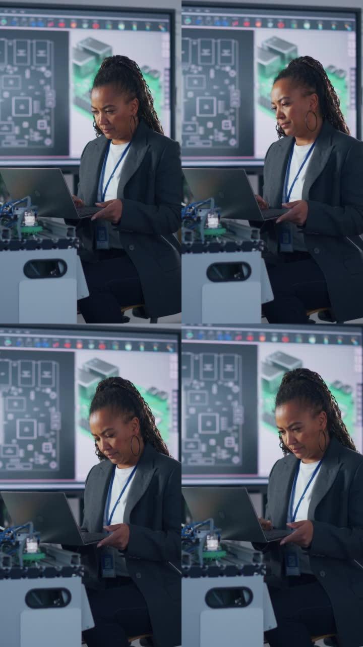 在实验室编程机械臂时，黑人开发人员在笔记本电脑上打字。女人用集中的脸编码。计算机语言和编程概念。垂直
