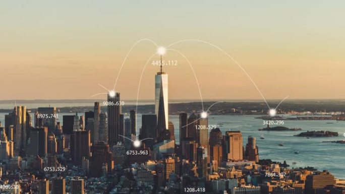 T/L ZO曼哈顿城市天际线和5G网络概念在日落/纽约