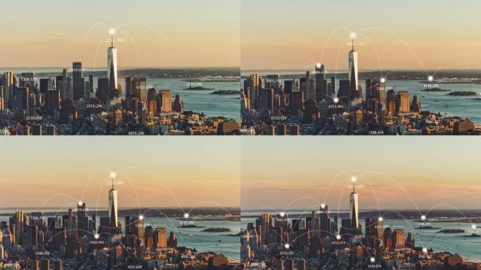 T/L ZO曼哈顿城市天际线和5G网络概念在日落/纽约