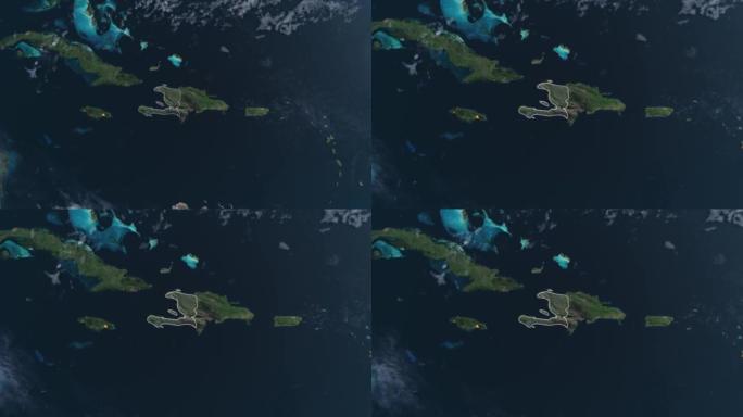 突出显示海地地图，通过4k照片真实的动画地球仪从空间放大，全景包括非洲，西欧和美国。史诗旋转世界动画