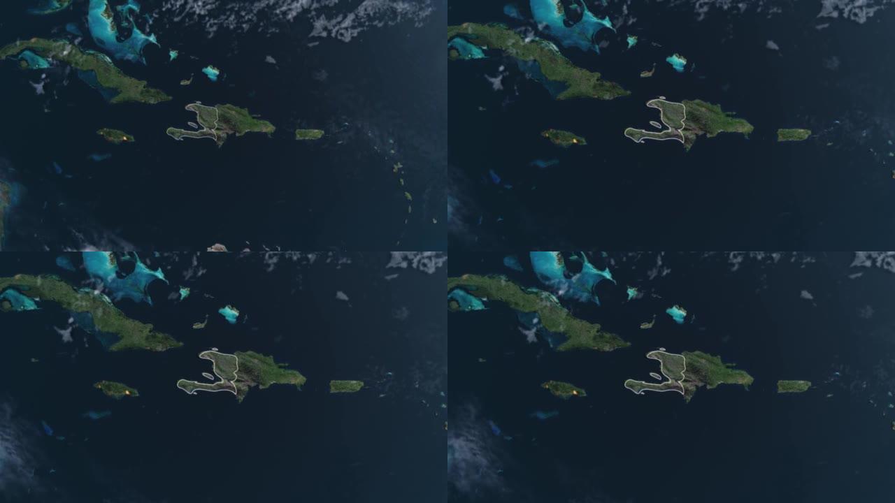 突出显示海地地图，通过4k照片真实的动画地球仪从空间放大，全景包括非洲，西欧和美国。史诗旋转世界动画